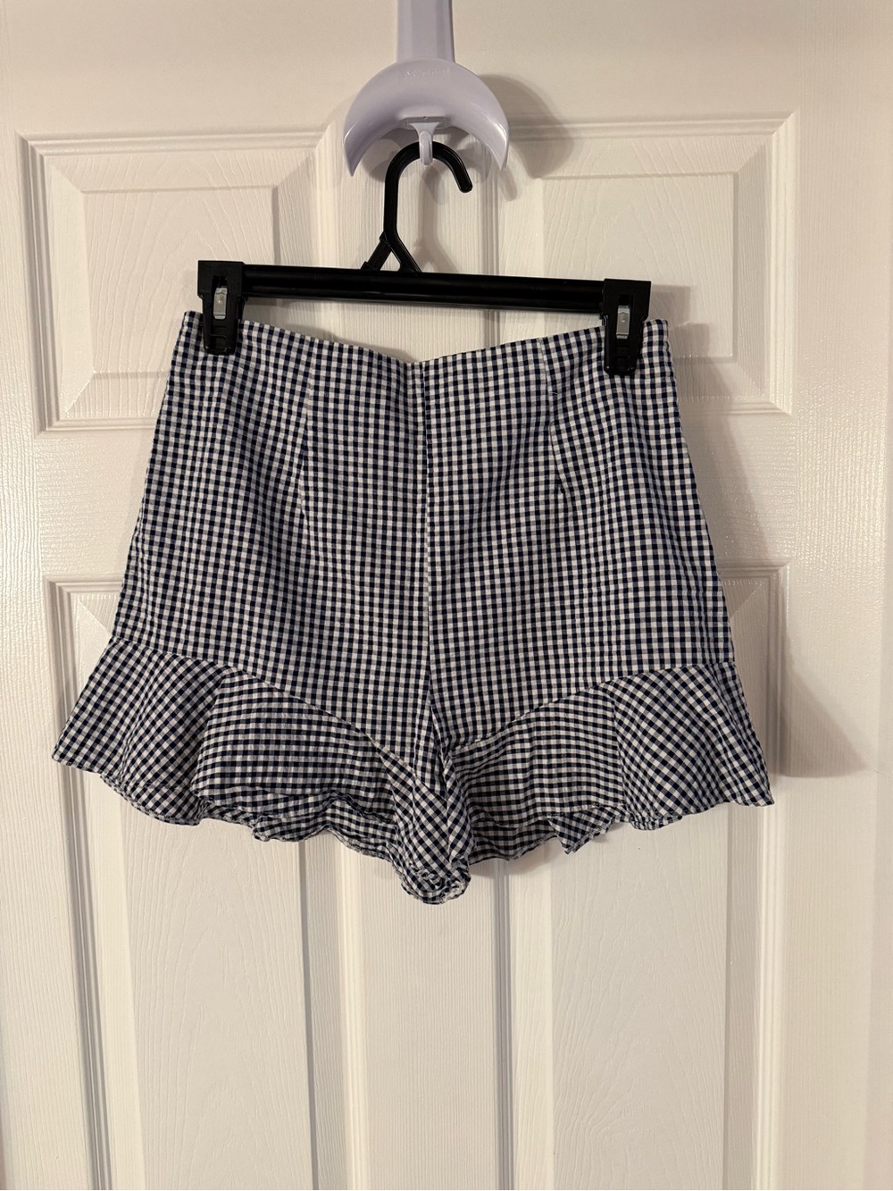 Zara Navy and White Gingham High-Waist Ruffle Shorts